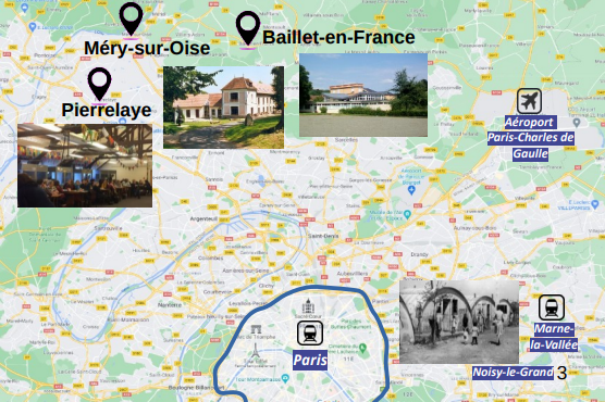 Carte des trois lieux du Centre international en île de France : Méry-sur-Oise, Pierrelaye et Baillet-en-France. 